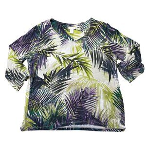 Chicos Women's Tropical Leaf Print Top Size L Rayon & Spandex